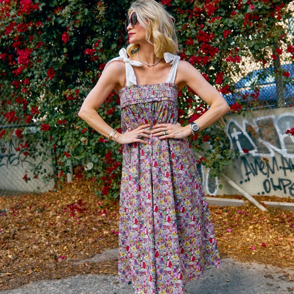Buru  Tie Top MIDI Dress ( pink liberty floral print)